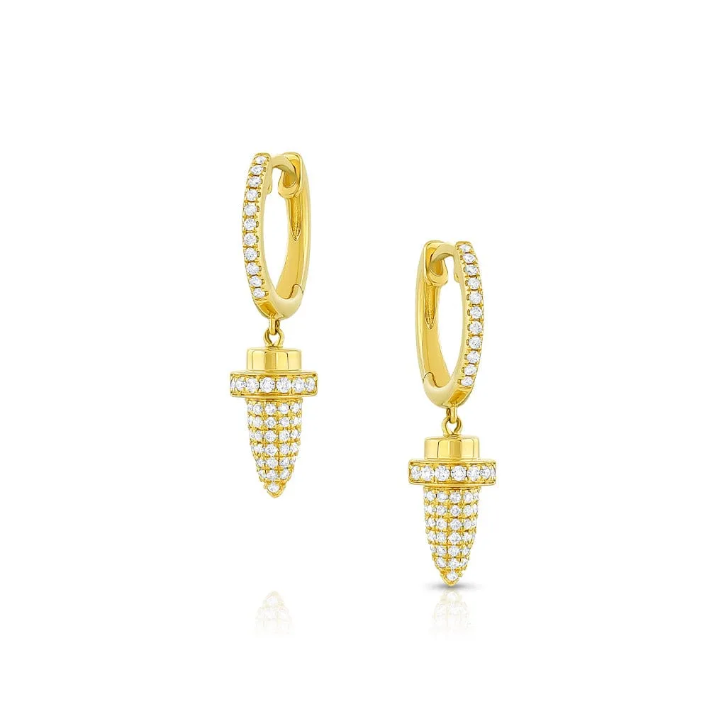 18K Yellow Gold Diamond Huggie Bullet Drop Earrings