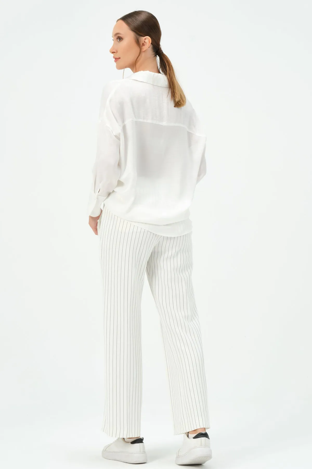 211-Vicky Drawstring Waist Pants White Striped