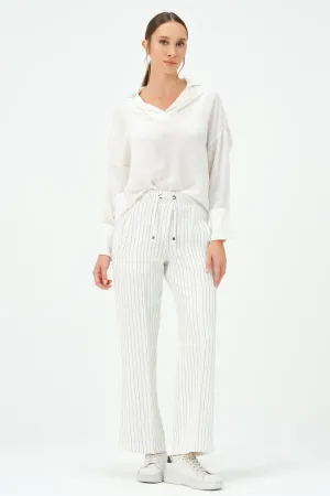 211-Vicky Drawstring Waist Pants White Striped