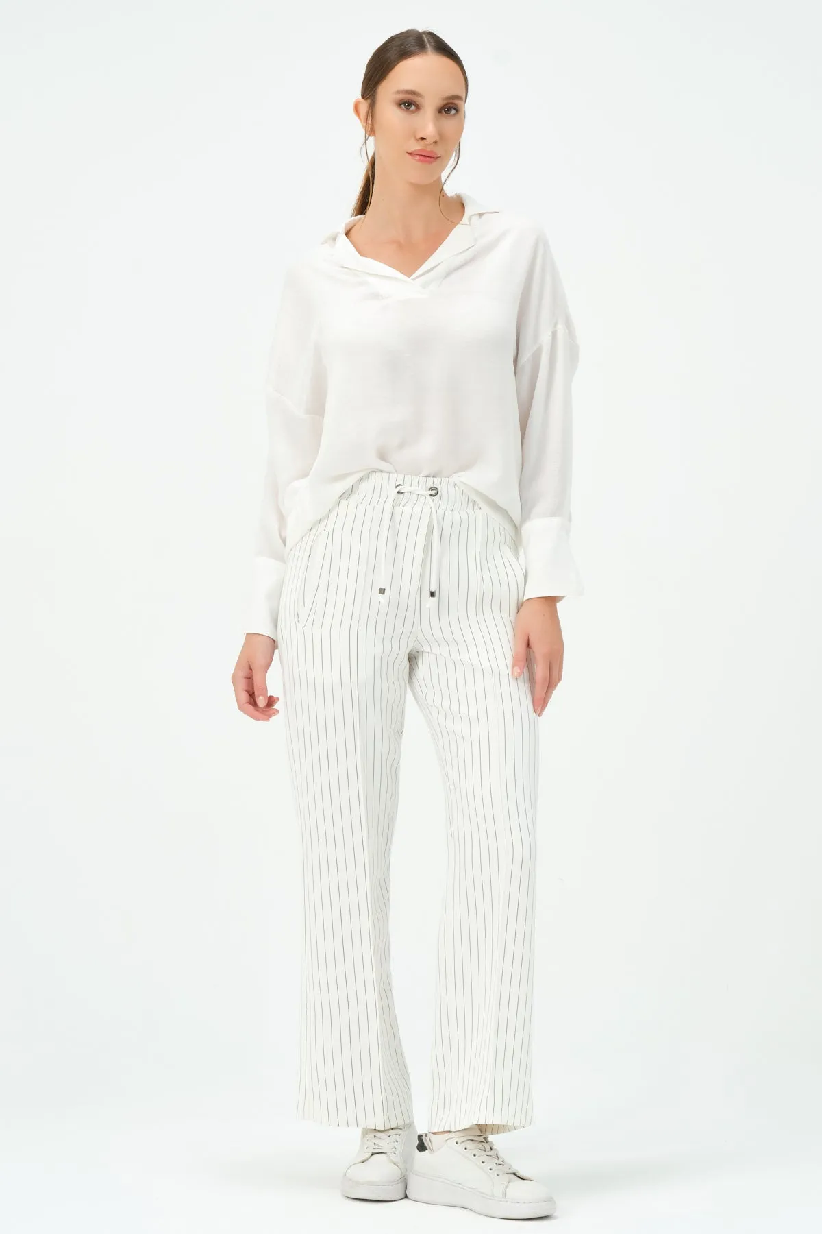 211-Vicky Drawstring Waist Pants White Striped