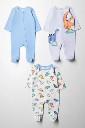 3 Pack Babygrows Blue, Grey & Cream