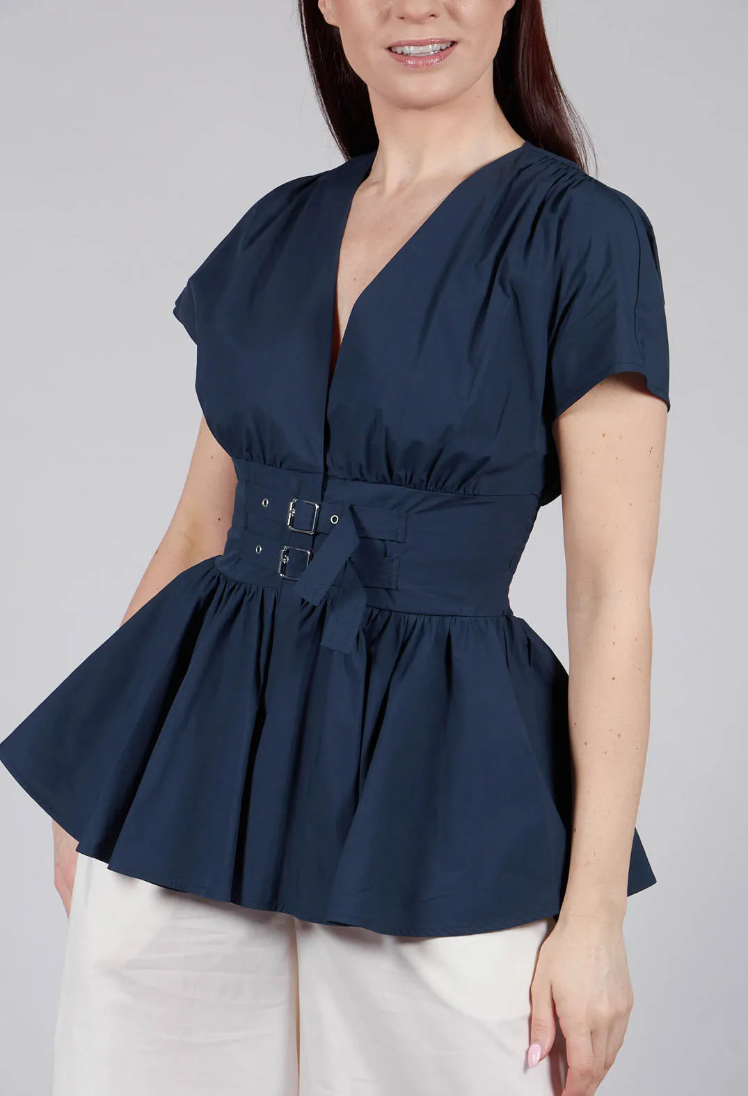 Belt Front Blouse in Navy