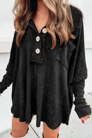 BerryBetty - Black Waffle Knit Buttoned Long Sleeve Top