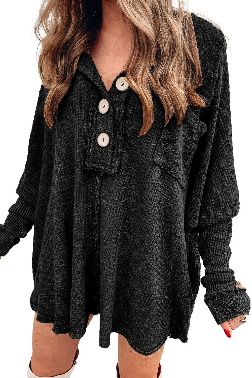 BerryBetty - Black Waffle Knit Buttoned Long Sleeve Top