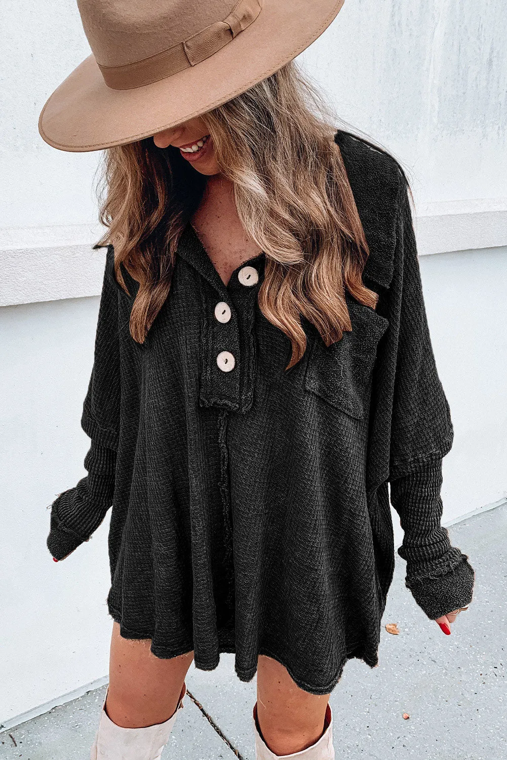 BerryBetty - Black Waffle Knit Buttoned Long Sleeve Top