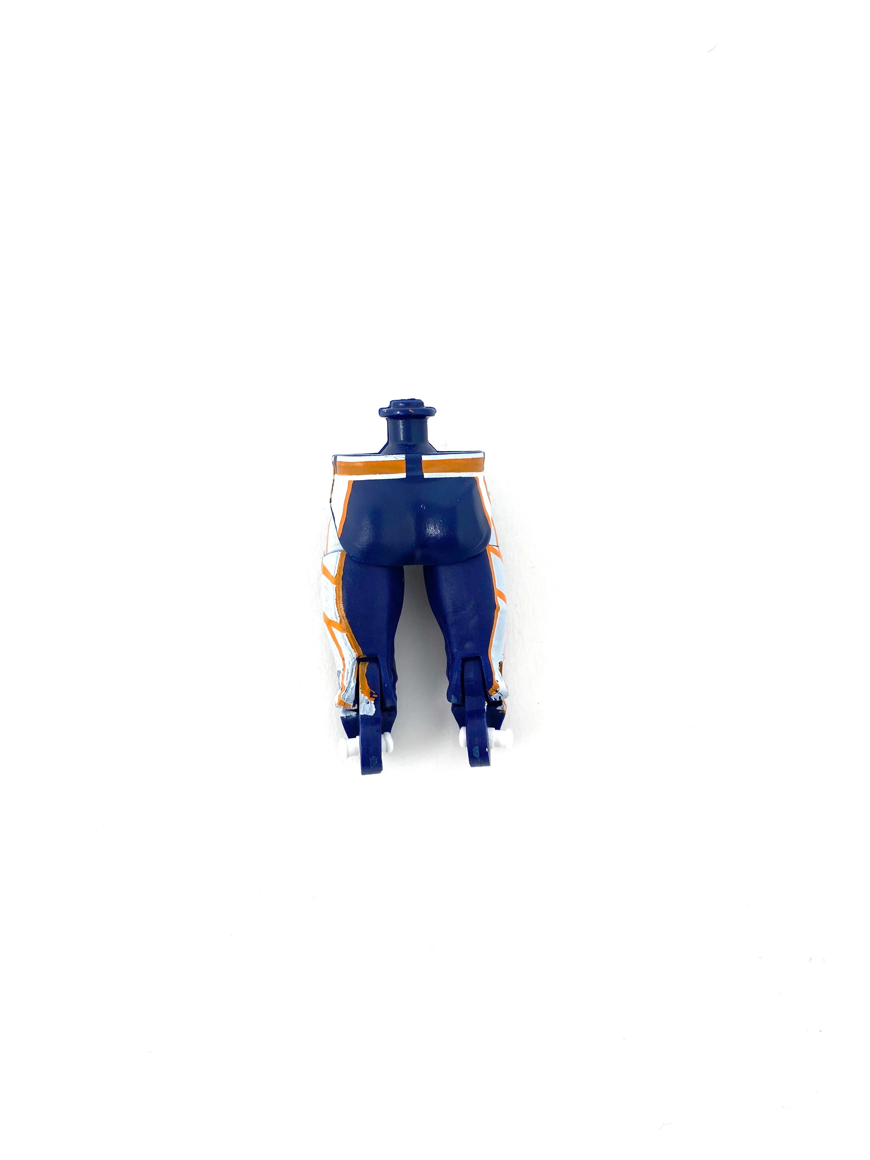 Blue pants with orange/white design