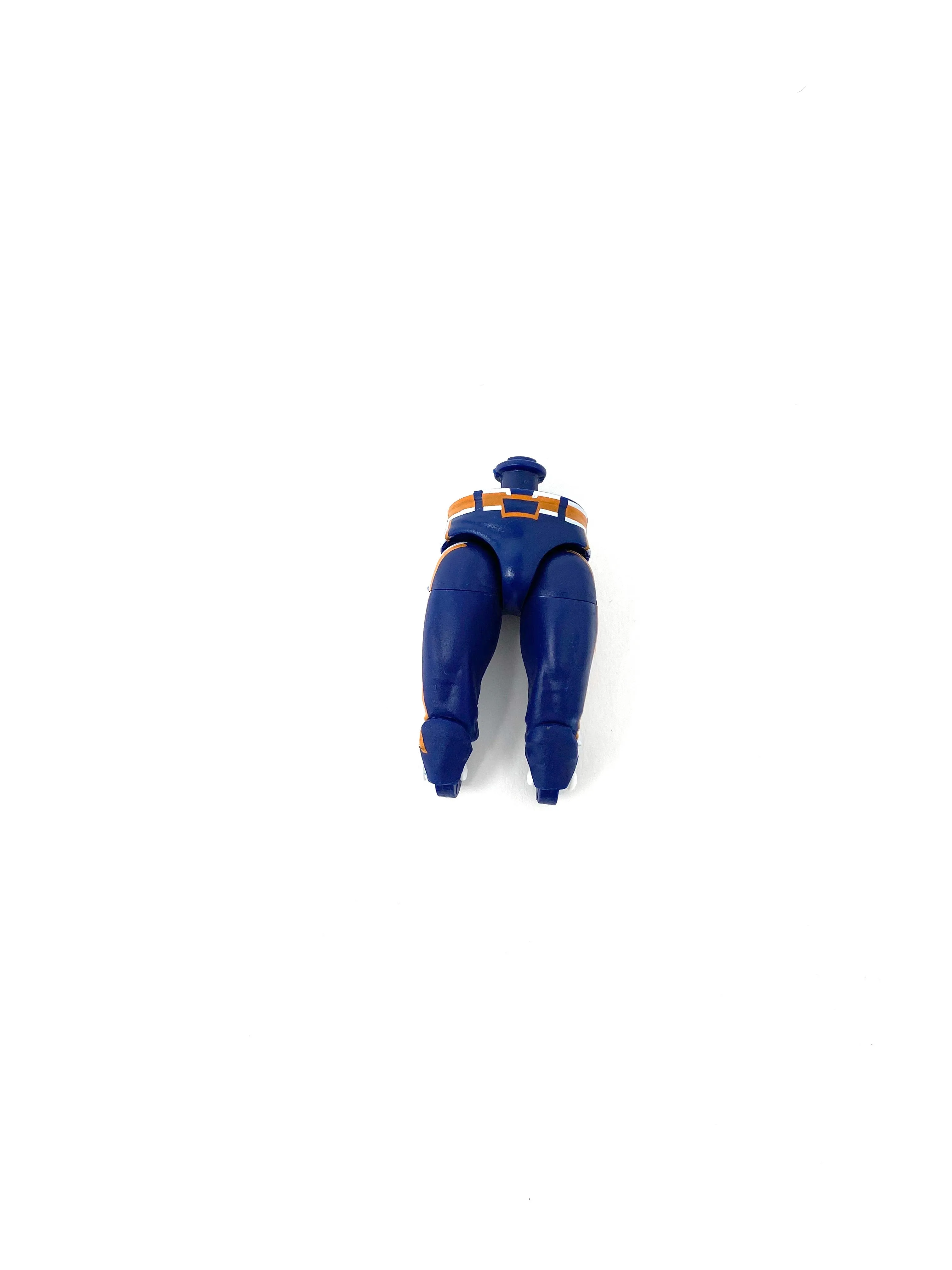 Blue pants with orange/white design