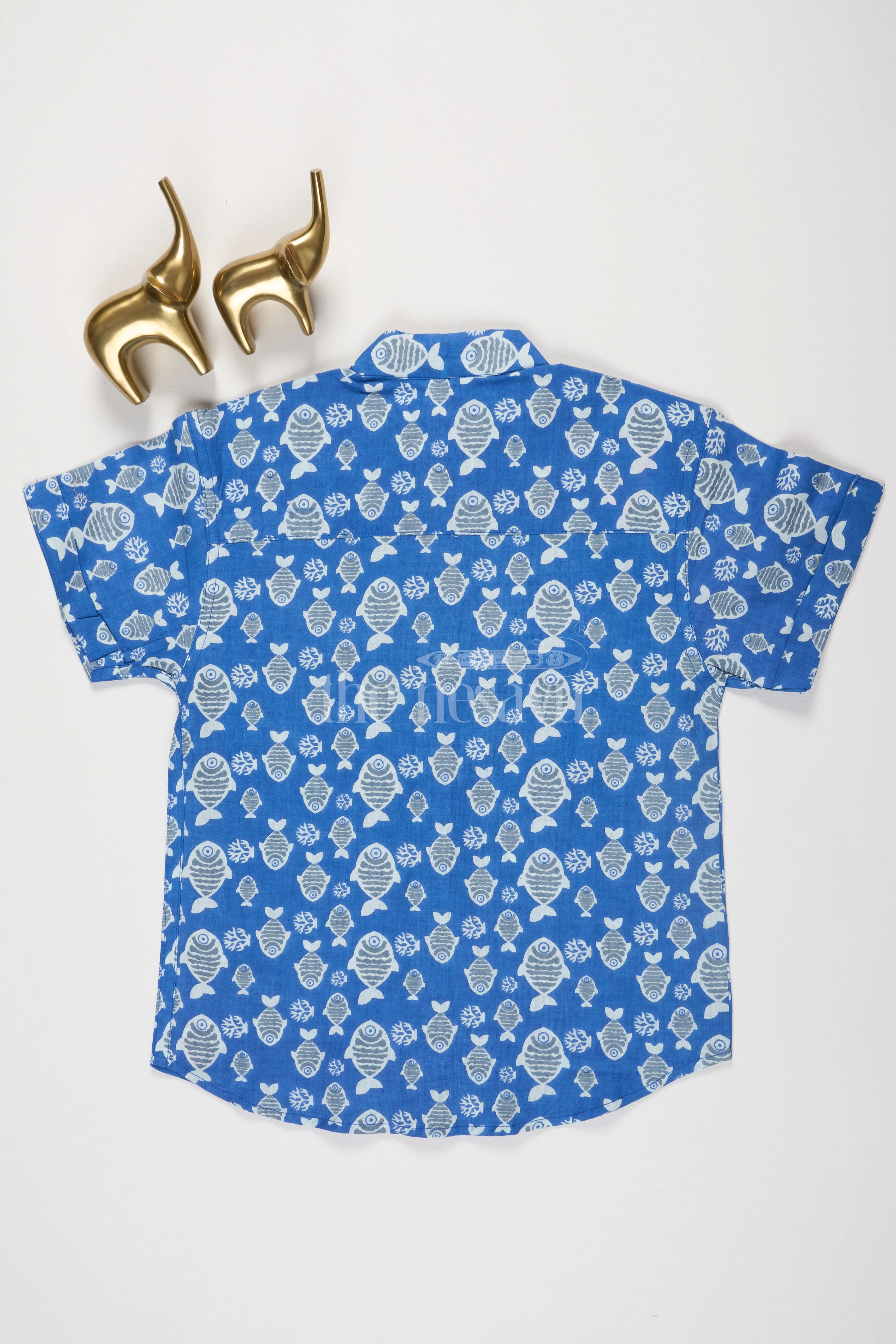 Boys Blue Cotton Short-Sleeve Shirt with Whimsical Fish Print for Casual Summer Wear