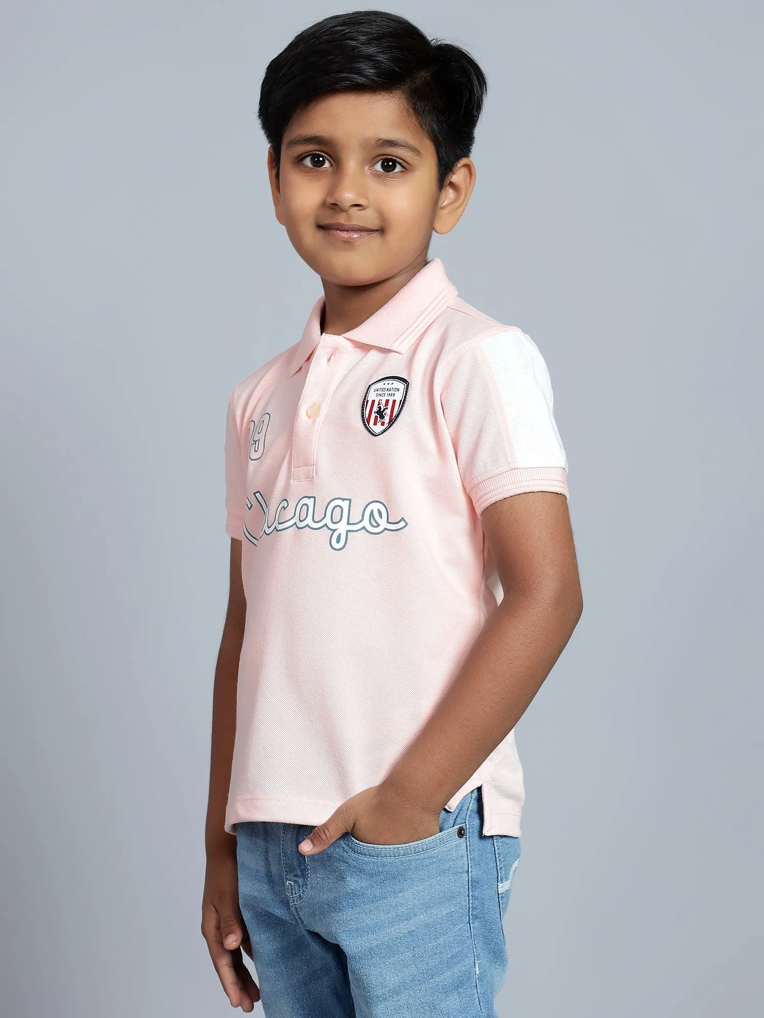 Cantabil Boy's Light Pink Printed Polo Neck T-shirt