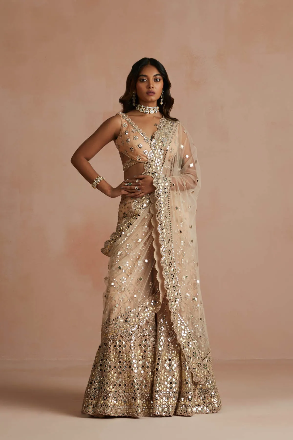 Deep Nude Mirror Drape Sharara Set