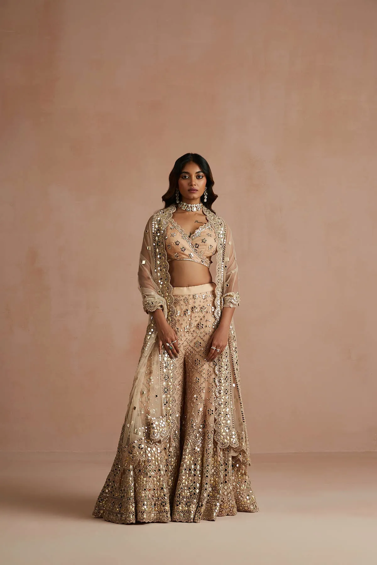 Deep Nude Mirror Drape Sharara Set