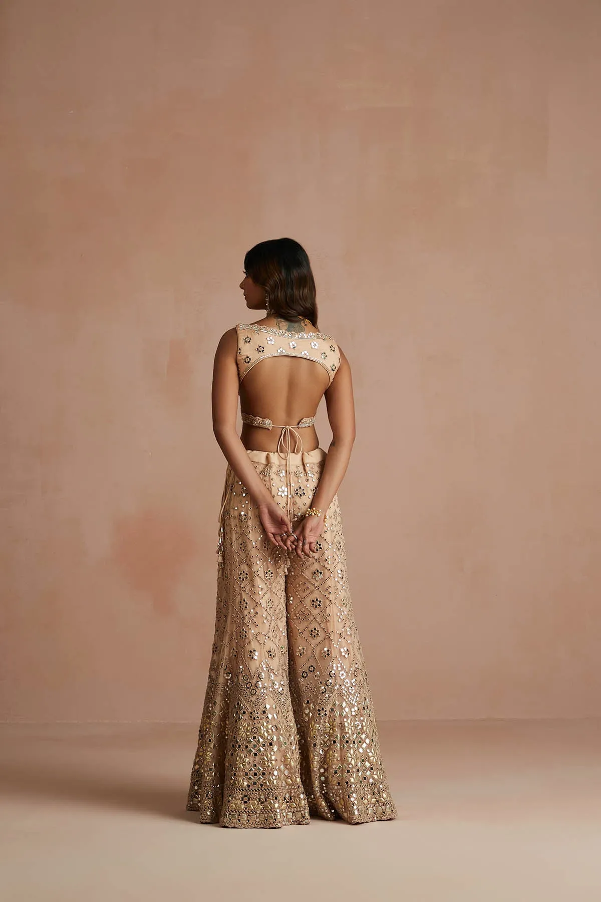 Deep Nude Mirror Drape Sharara Set