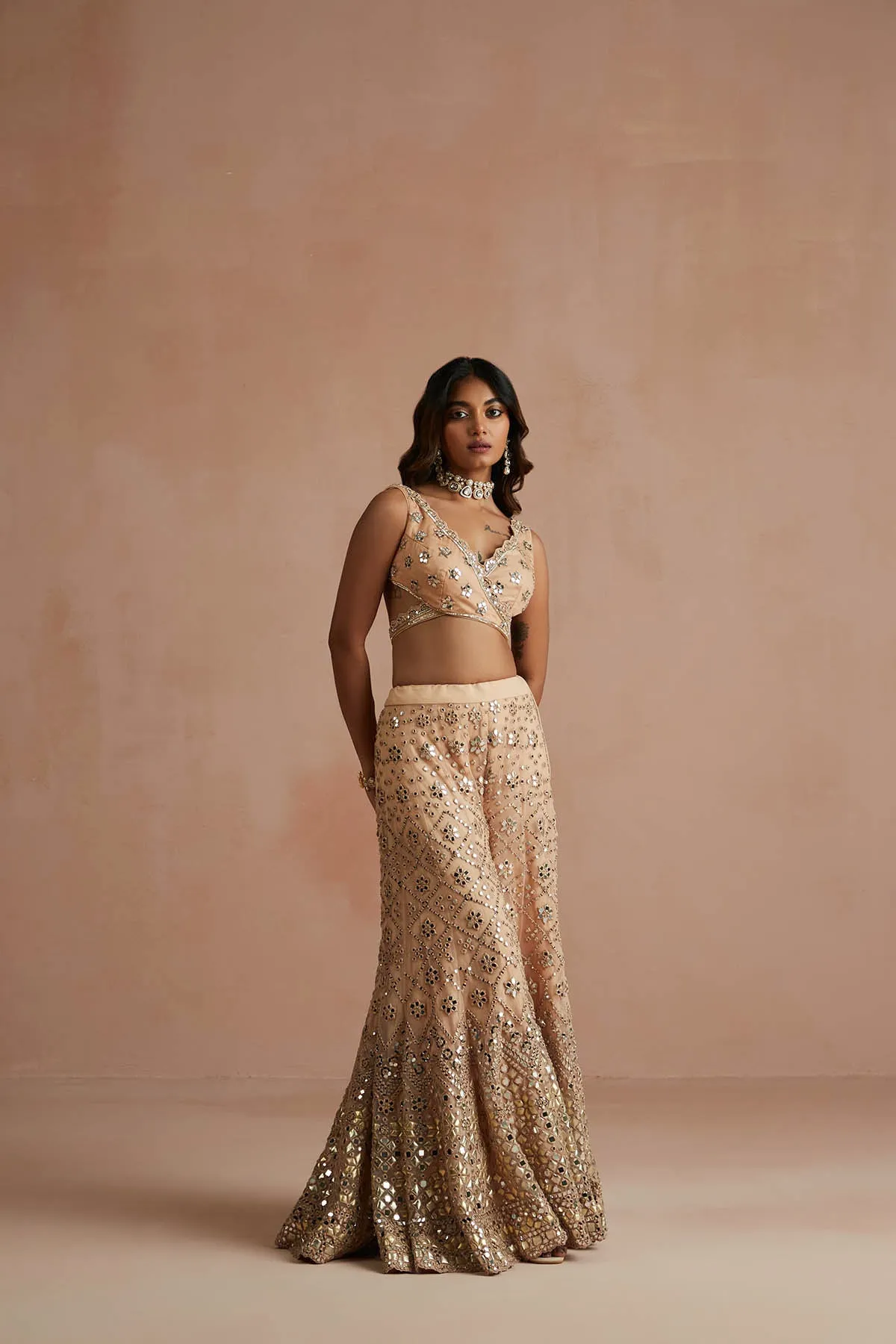 Deep Nude Mirror Drape Sharara Set