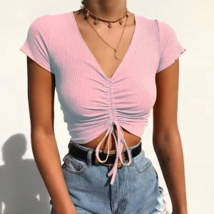 Drawstring Tie Up Front Cropped Tank Tops