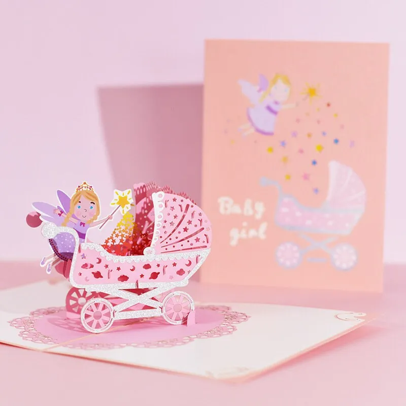 Handmade 3D Pop-up Newborn Baby Girl Baby Boy Carriage Greeting Card - Perfect for Congratulations New Born, or Birthday Thank You