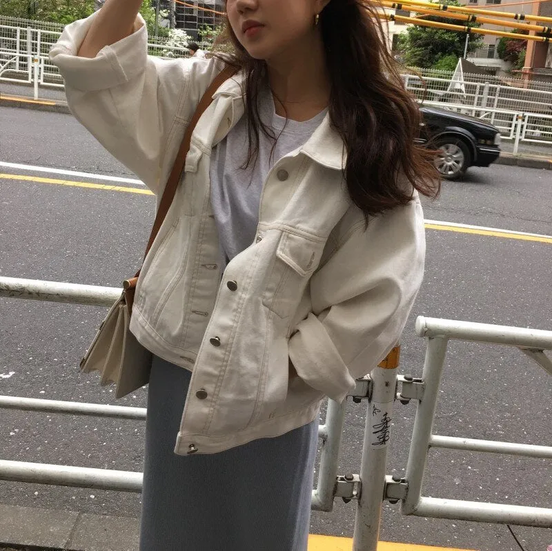 [Korean Style] Heather Creamy Cropped Denim Jacket