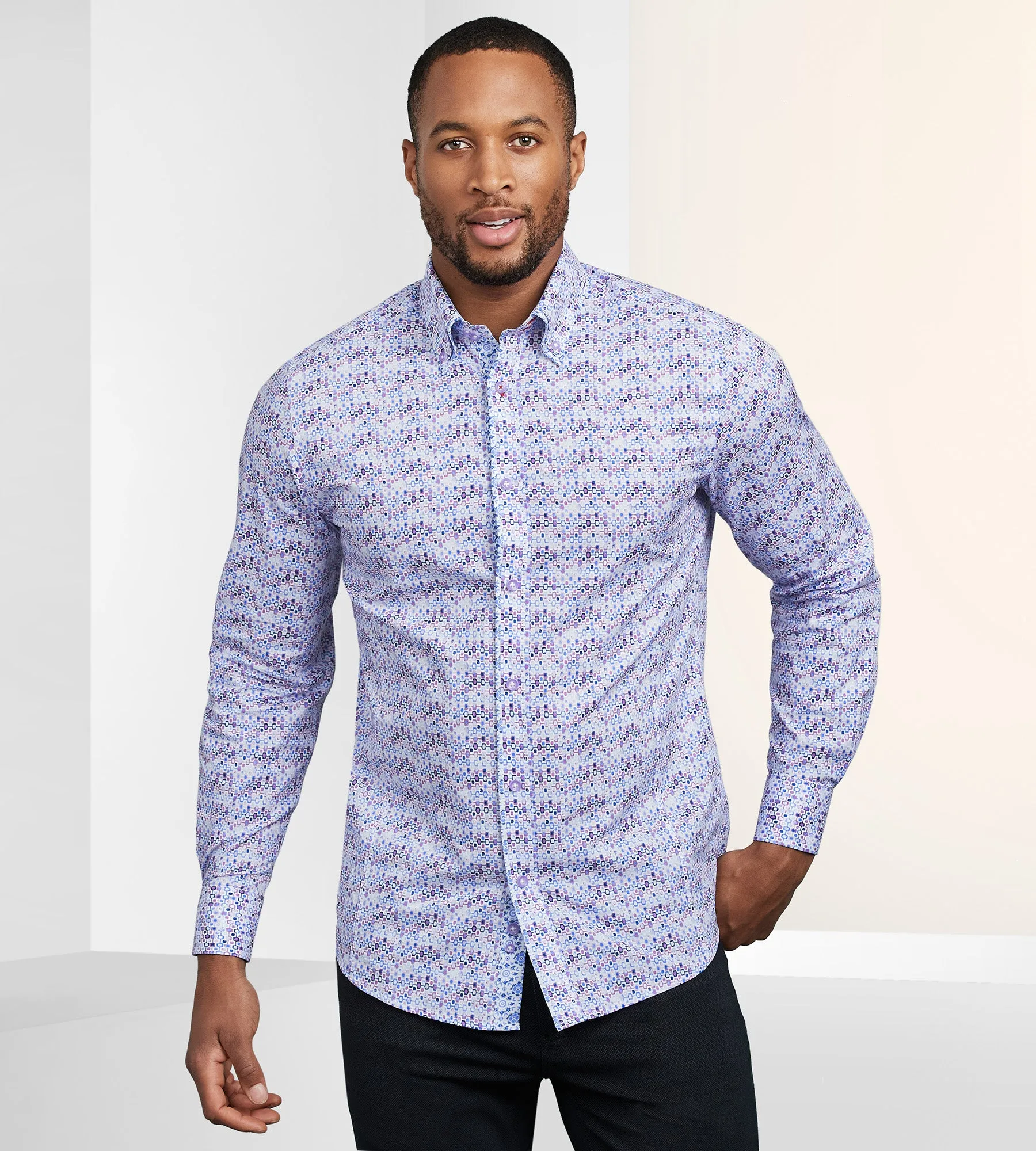 Modern Fit Long Sleeve Double-Collar Water Colour Print Sport Shirt