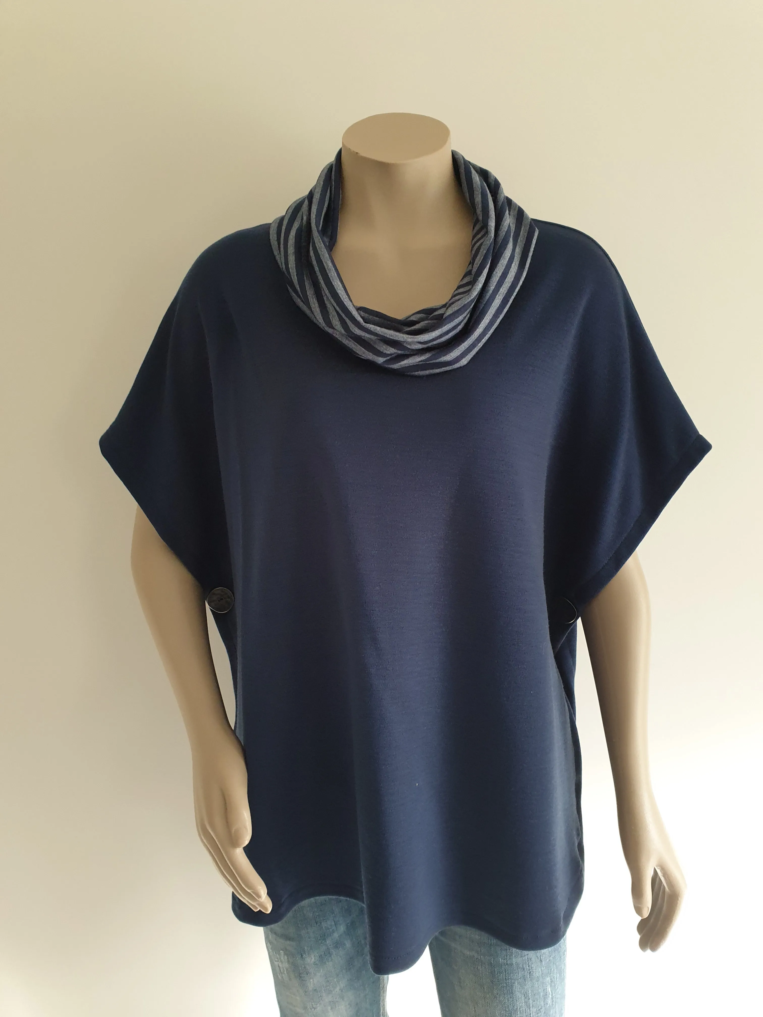 Navy Ponte Merino Stripe Cowl  Poncho