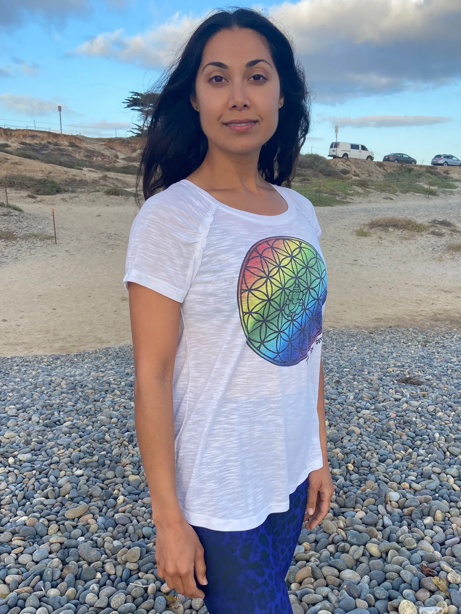 Rainbow Flower of Life Shirred Raglan Tee