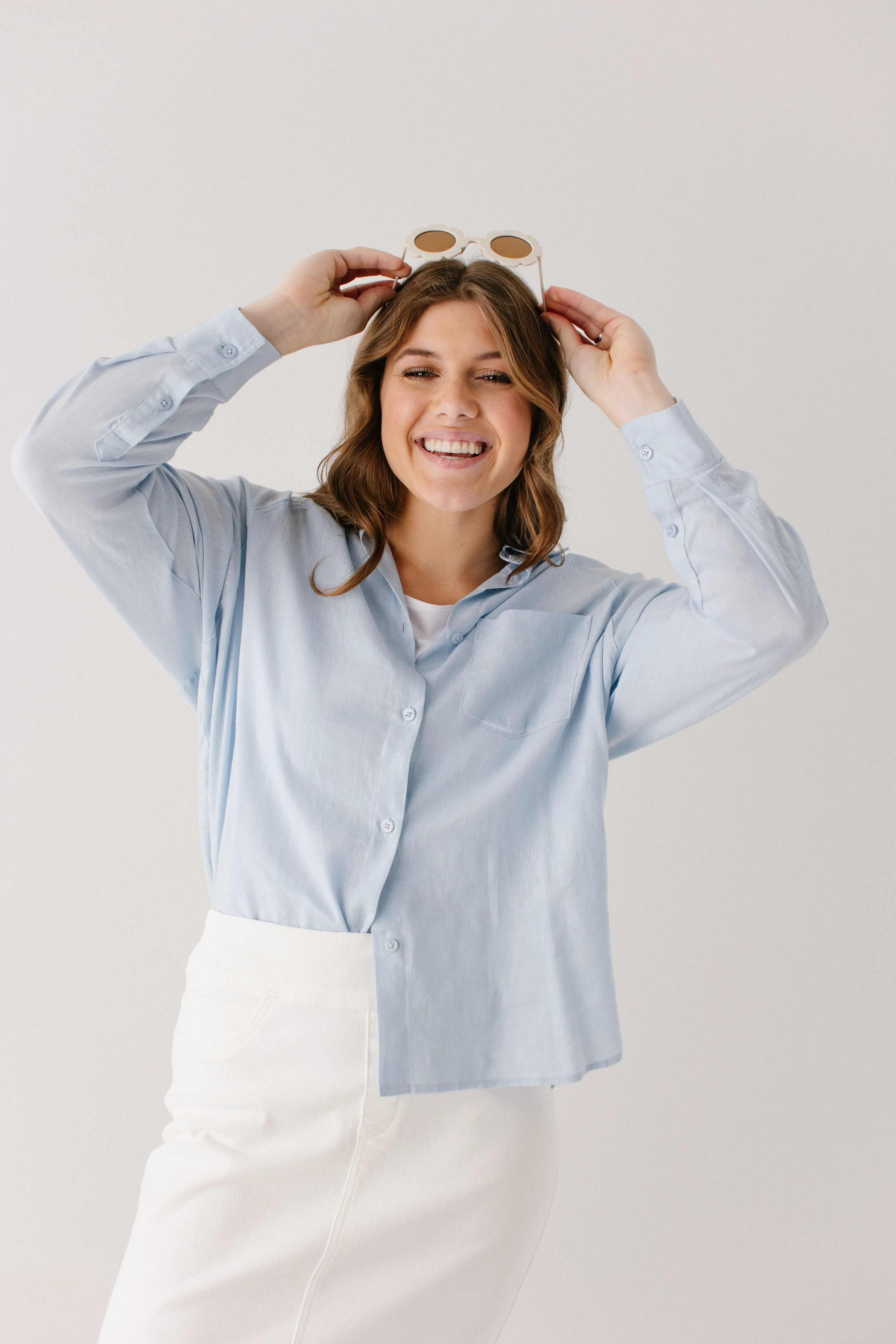 'Romeo' Oversized Button Down Linen Blend Top in Light Blue FINAL SALE