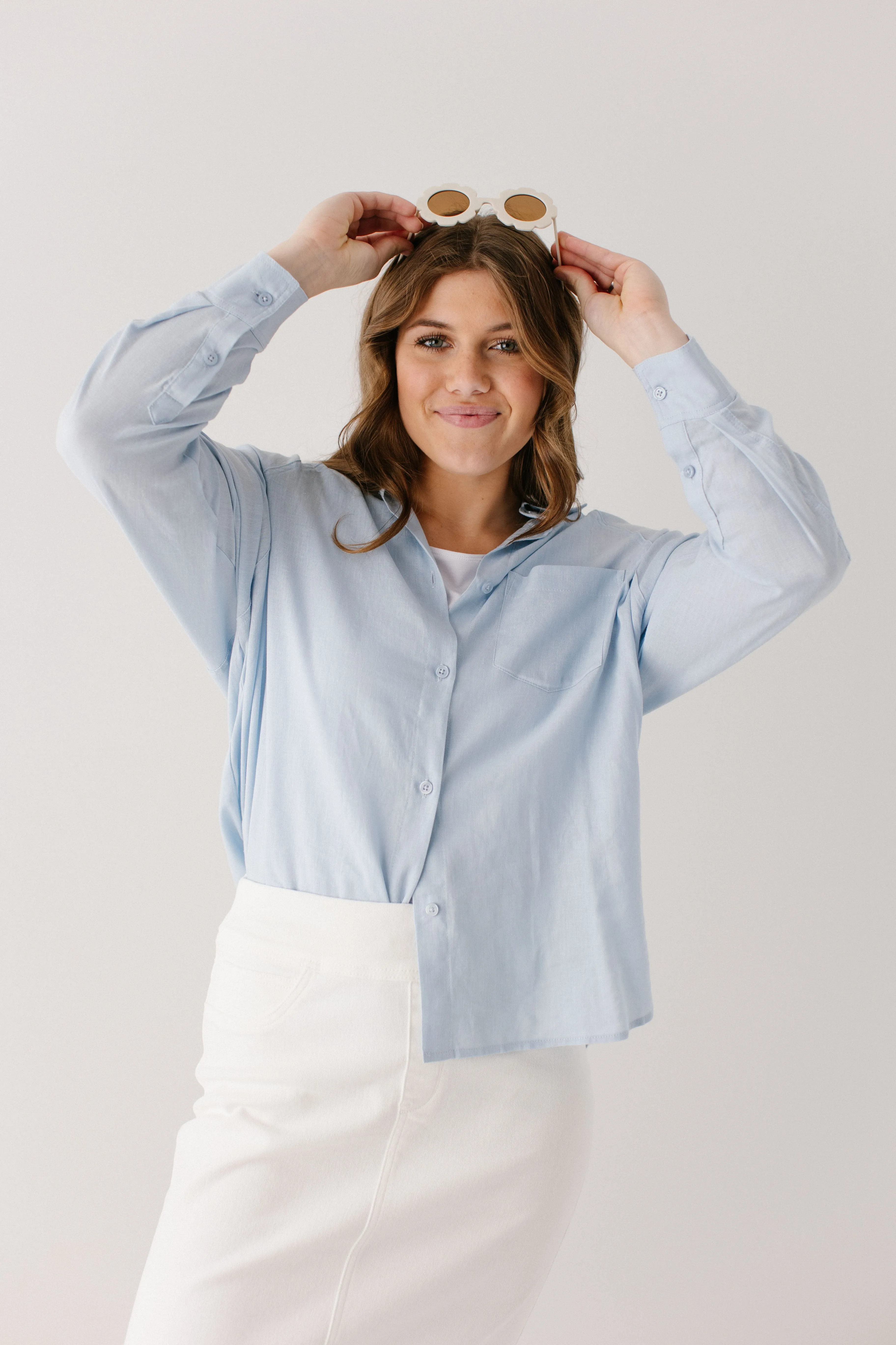 'Romeo' Oversized Button Down Linen Blend Top in Light Blue FINAL SALE