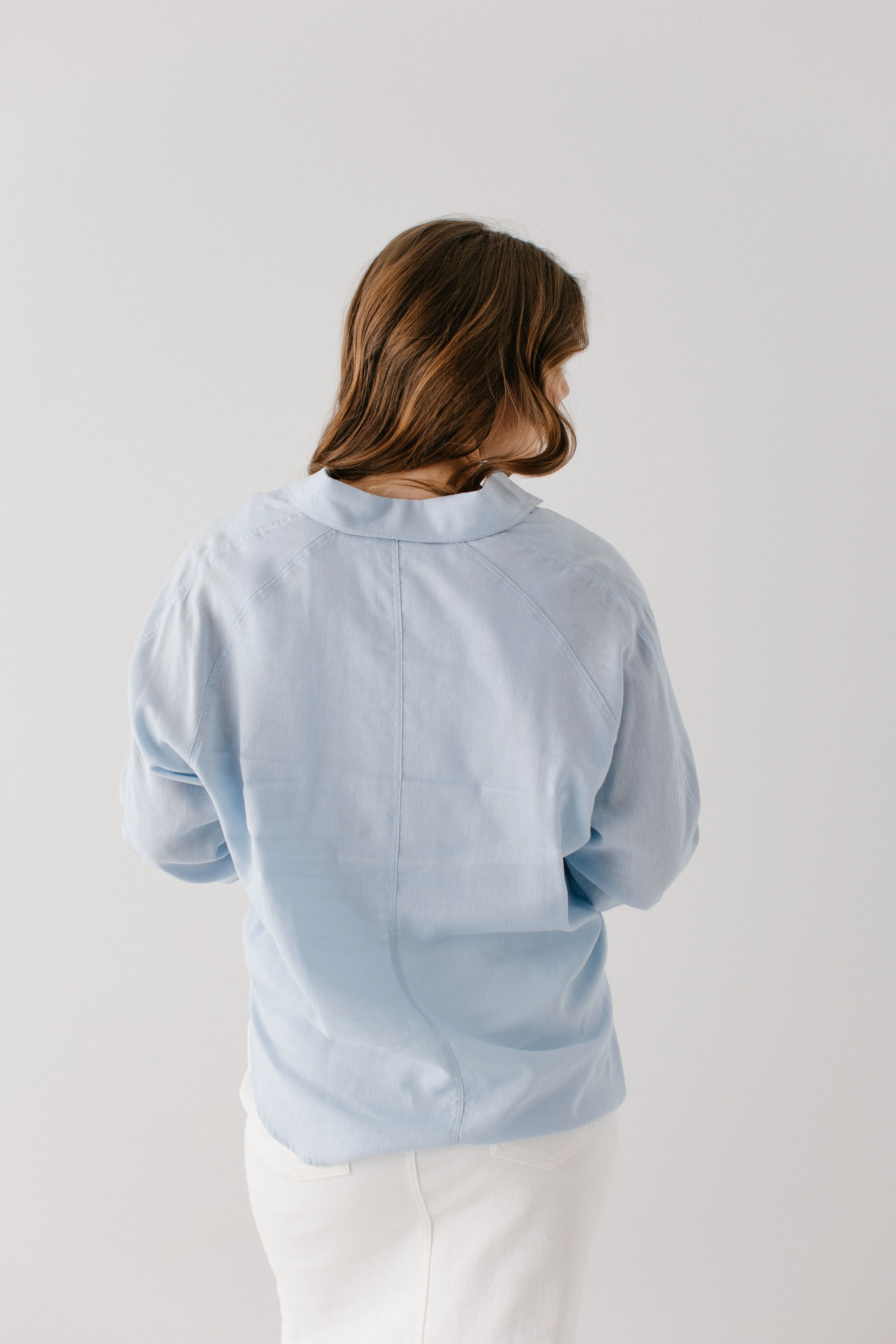 'Romeo' Oversized Button Down Linen Blend Top in Light Blue FINAL SALE