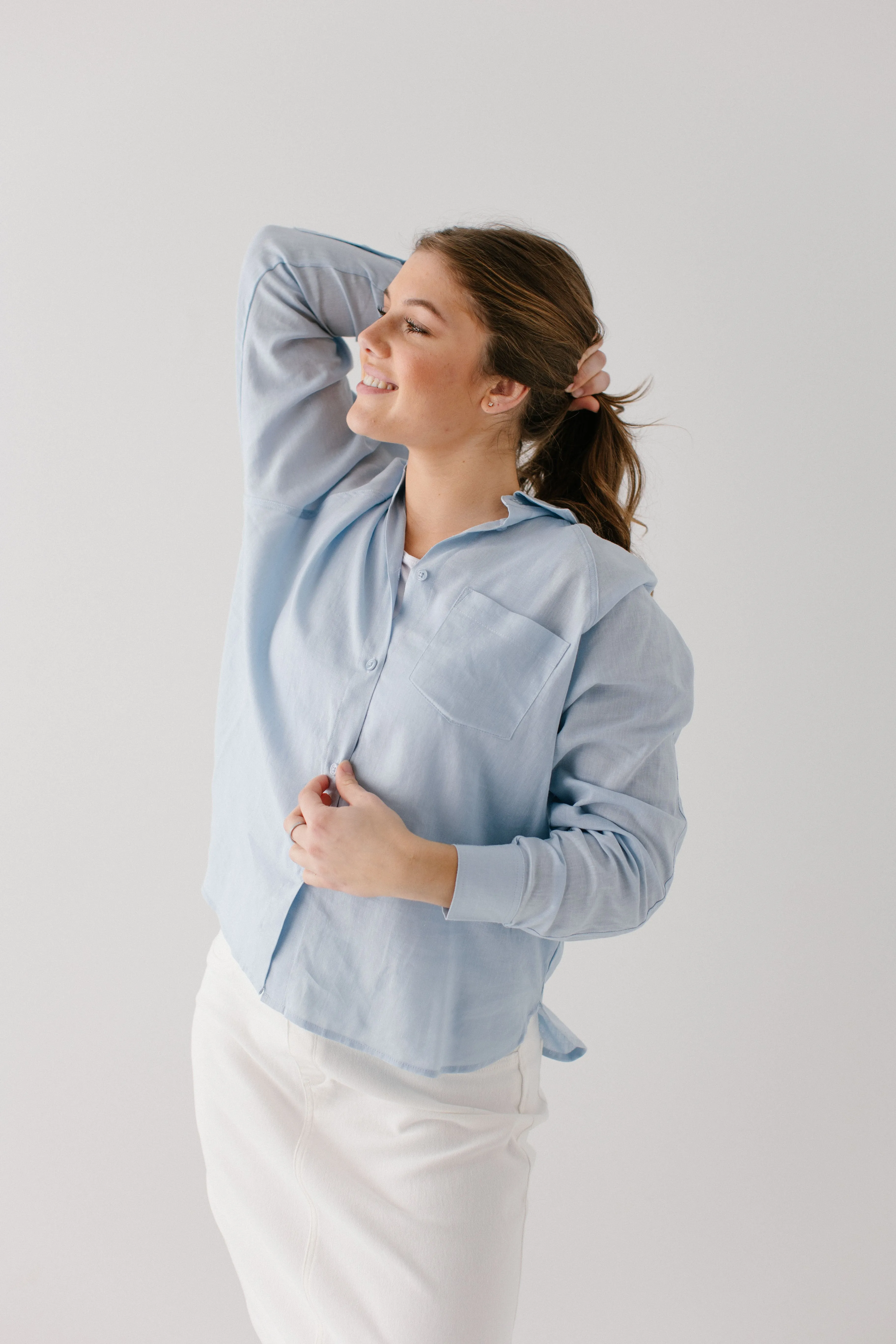 'Romeo' Oversized Button Down Linen Blend Top in Light Blue FINAL SALE