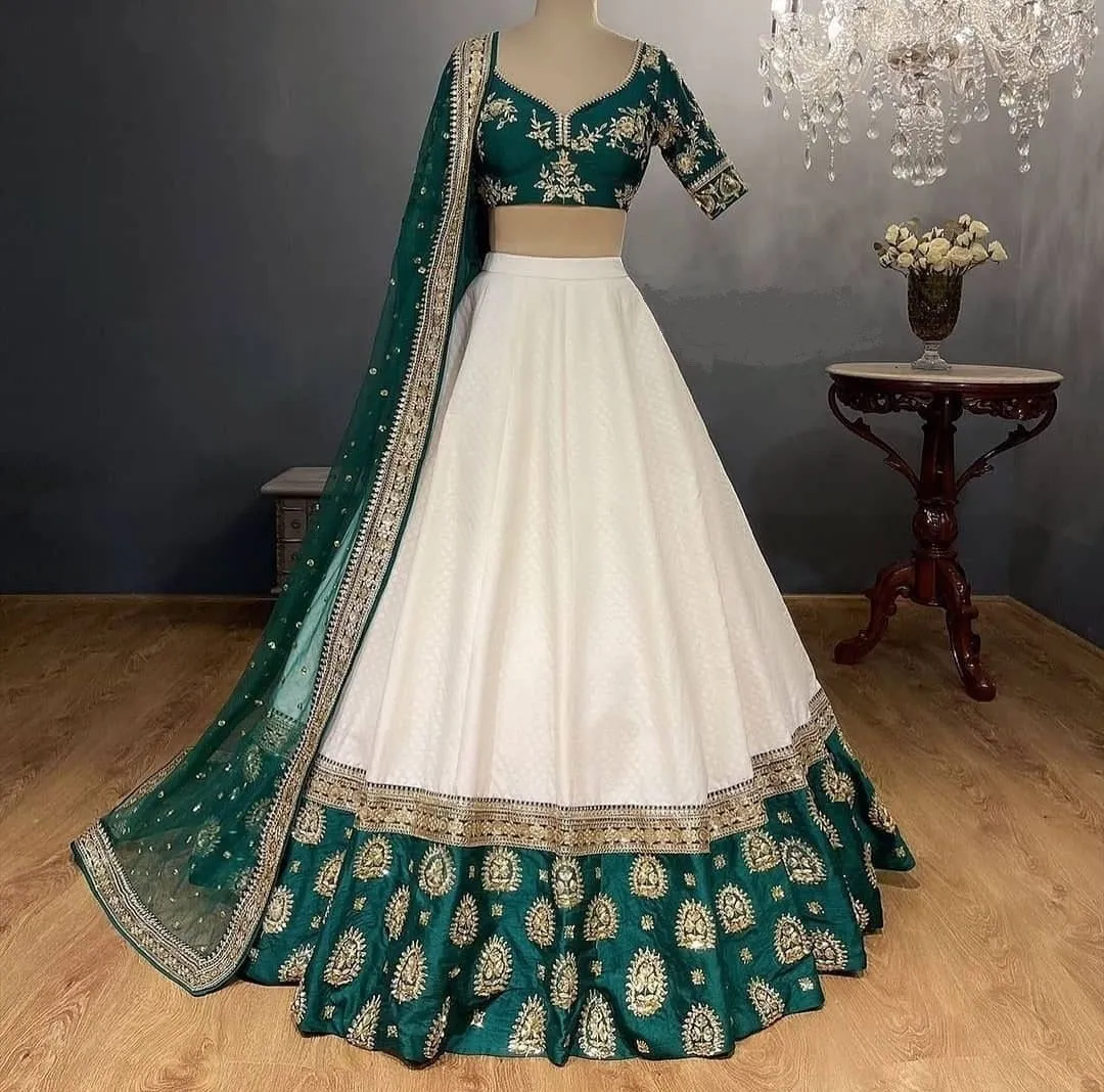 WHITE-TAPETA-SILK-GREEN-BORDER-WEDDINGLEHENGA