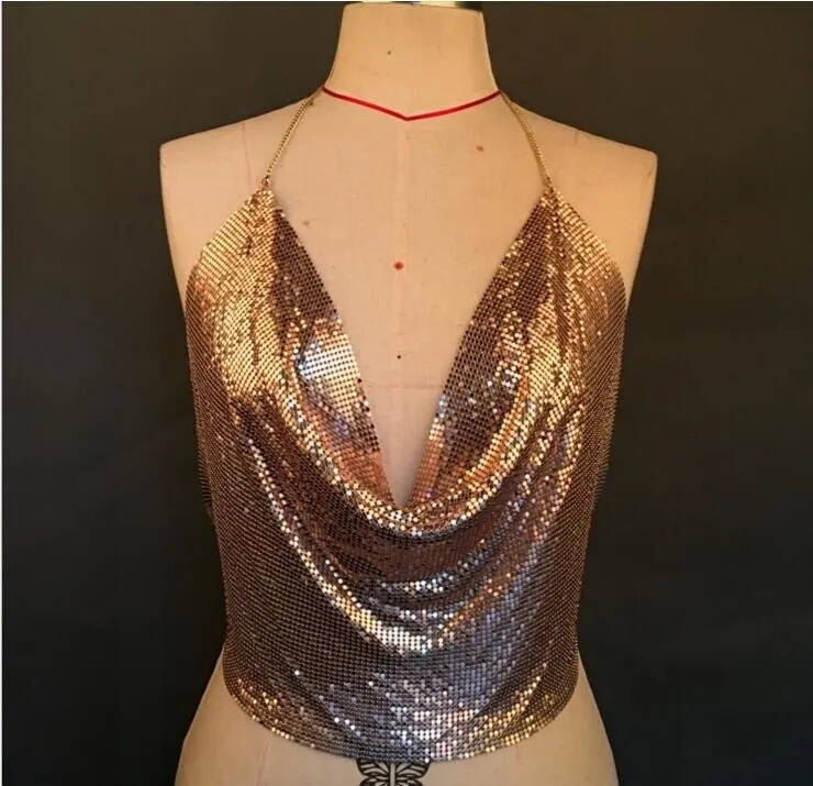 Wjczt Sequin Bead Glitter Tank Top Short Tee Party Club Low Cut Backless Metal Shirt Deep V Navel Vest Crop Tops Sexy Clothing