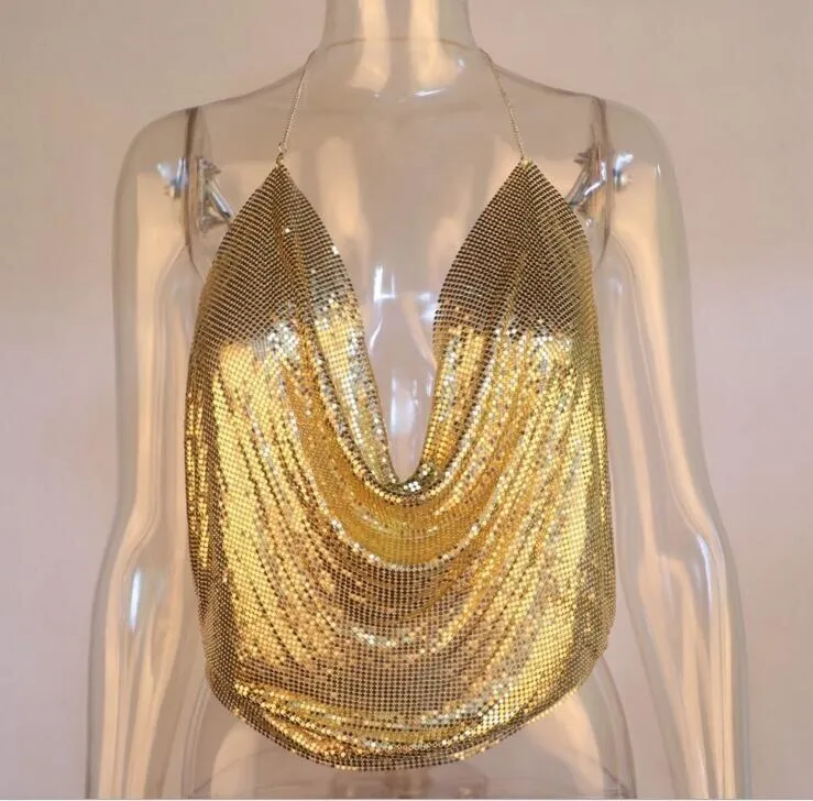 Wjczt Sequin Bead Glitter Tank Top Short Tee Party Club Low Cut Backless Metal Shirt Deep V Navel Vest Crop Tops Sexy Clothing