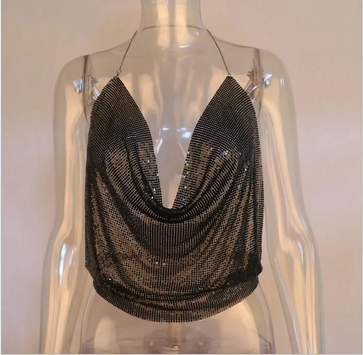 Wjczt Sequin Bead Glitter Tank Top Short Tee Party Club Low Cut Backless Metal Shirt Deep V Navel Vest Crop Tops Sexy Clothing