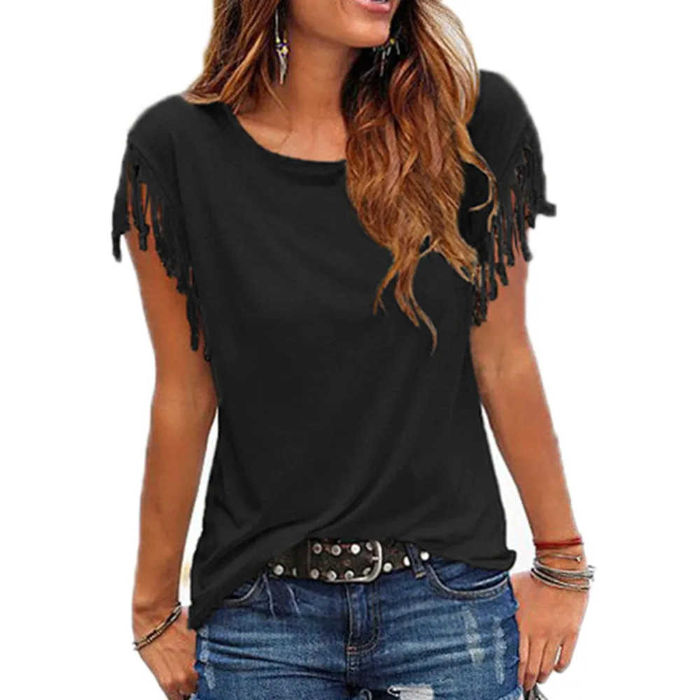 Women Cotton Tassel Casual T-shirt