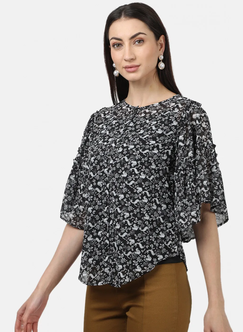 Womens Black Printed Tops